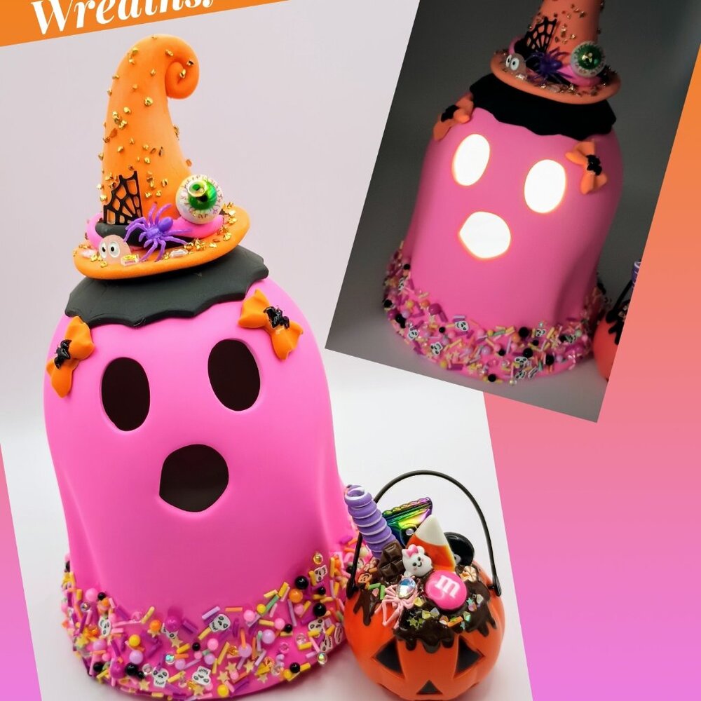 Lighted Halloween Ghost with Witch Hat & Pumpkin Pail – Glow-in-the-Dark Spooky